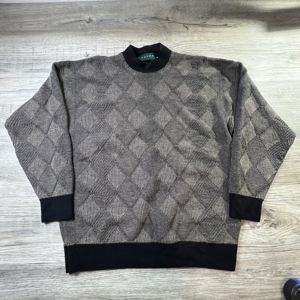 Tundra Sweater Mens XL Grey Black Textured Diamond Knit Pure New Wool Canada